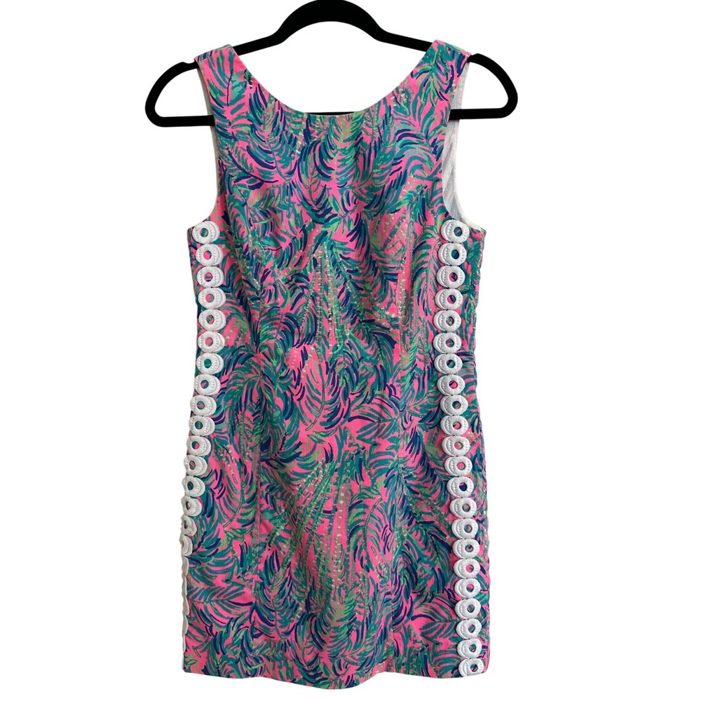 Lilly Pulitzer Jane Shift Dress Palm Leaf Pink Teal White Ring Trim 2